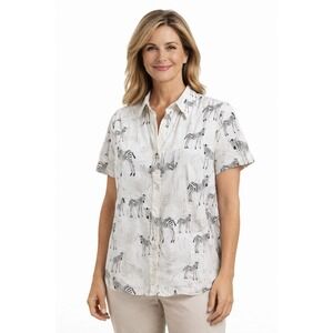 Chico's Zebra Print Button Down Shirt Size 3 16/18 Short Sleeve Cotton Top